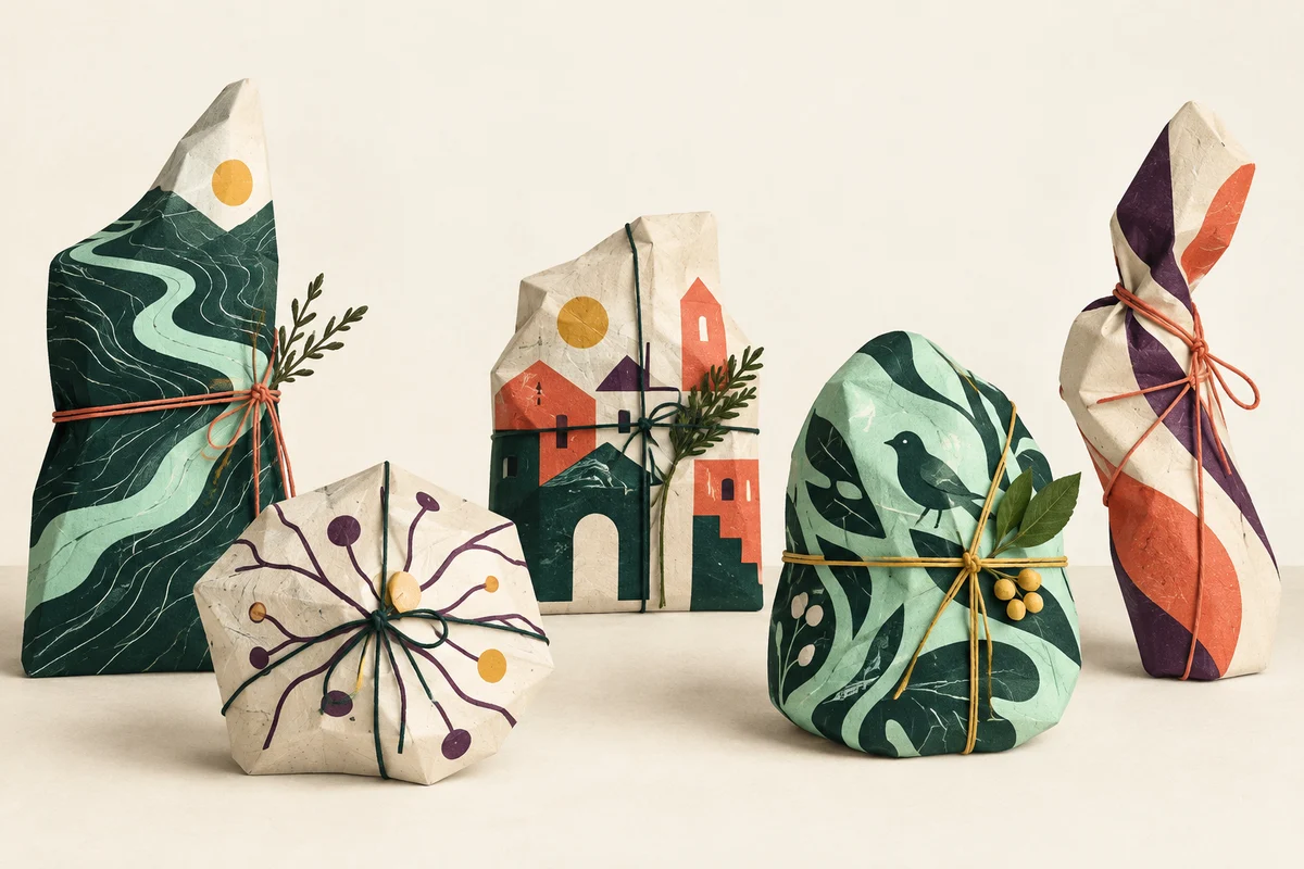 Five mysterious handmade forms wrapped in patterned paper and tied with colorful thread